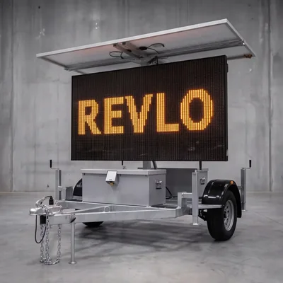 Painel de mensagem variável móvel Revlo em estúdio, com REVLO aceso em LED âmbar sobre a carretinha