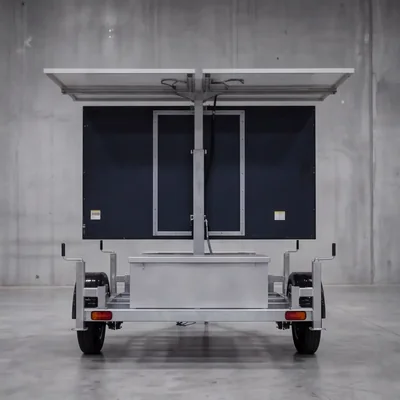Painel de mensagem variável móvel Revlo visto por trás, com o verso da tela, o mastro central e as duas placas fotovoltaicas abertas