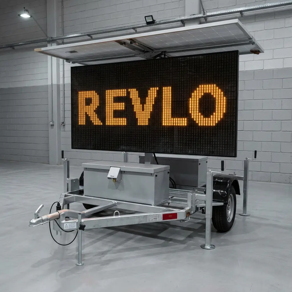 Painel de mensagem variável móvel Revlo com os quatro pés estabilizadores baixados e a tela de LED acesa, dentro da fábrica
